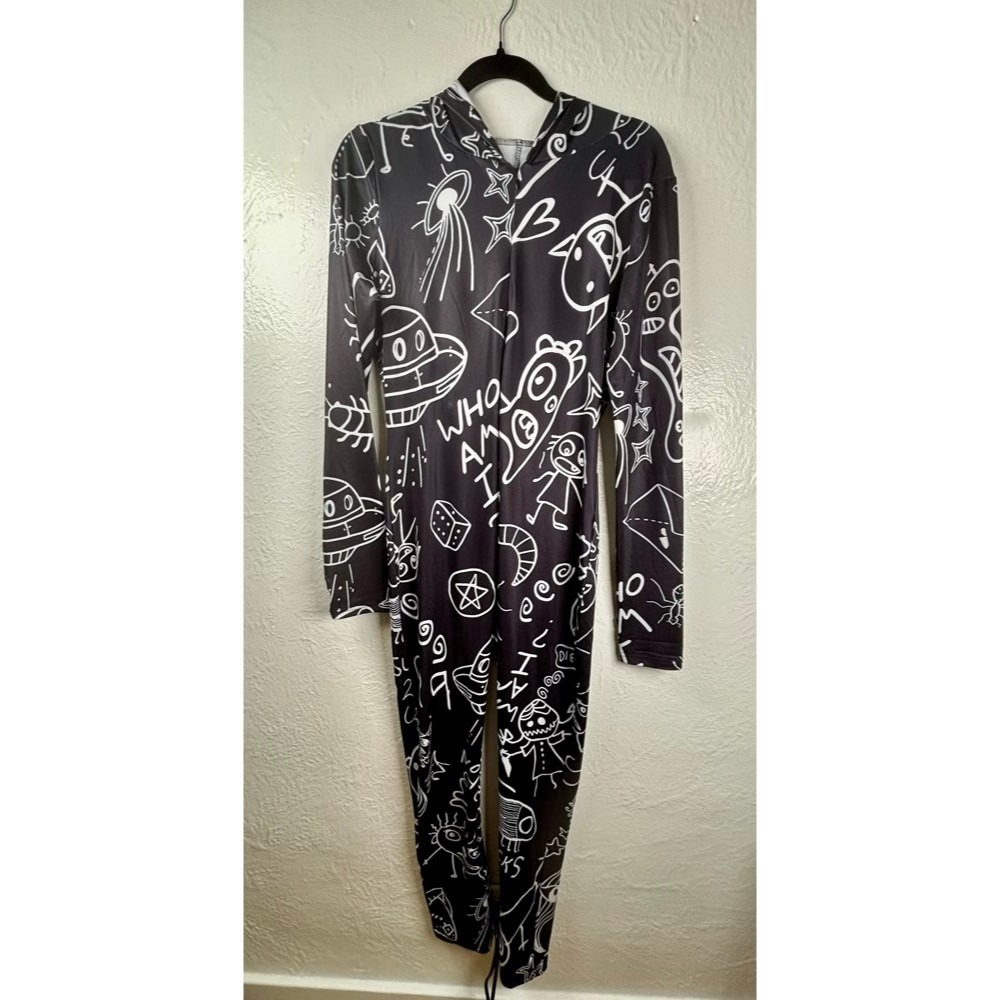 Alien UFO Graphic Print Hooded Long Sleeve Bodysuit Jumpsuit Rave E-girl Kidcore